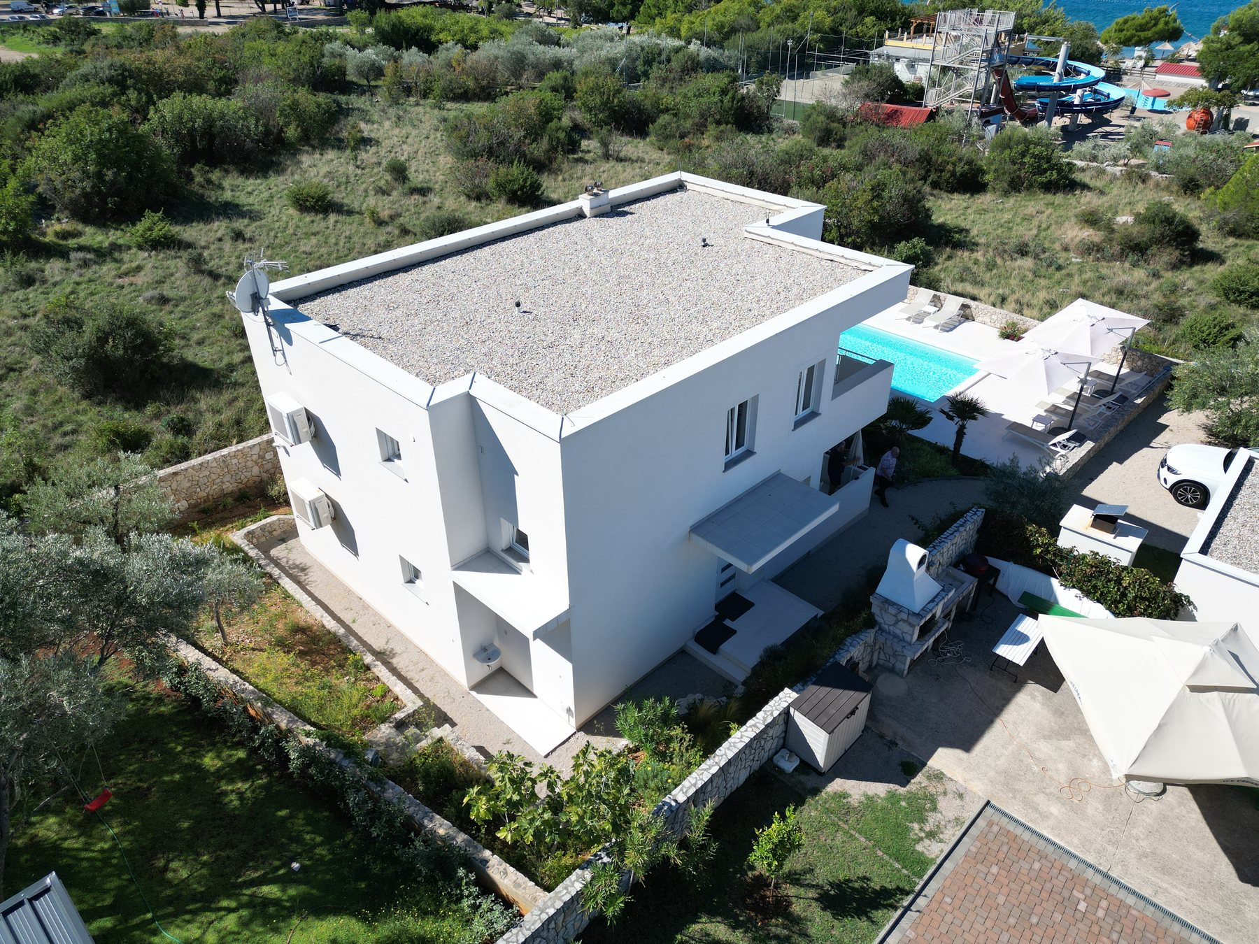 Aerial view of Villa Sonja, the pool and surrounding garden