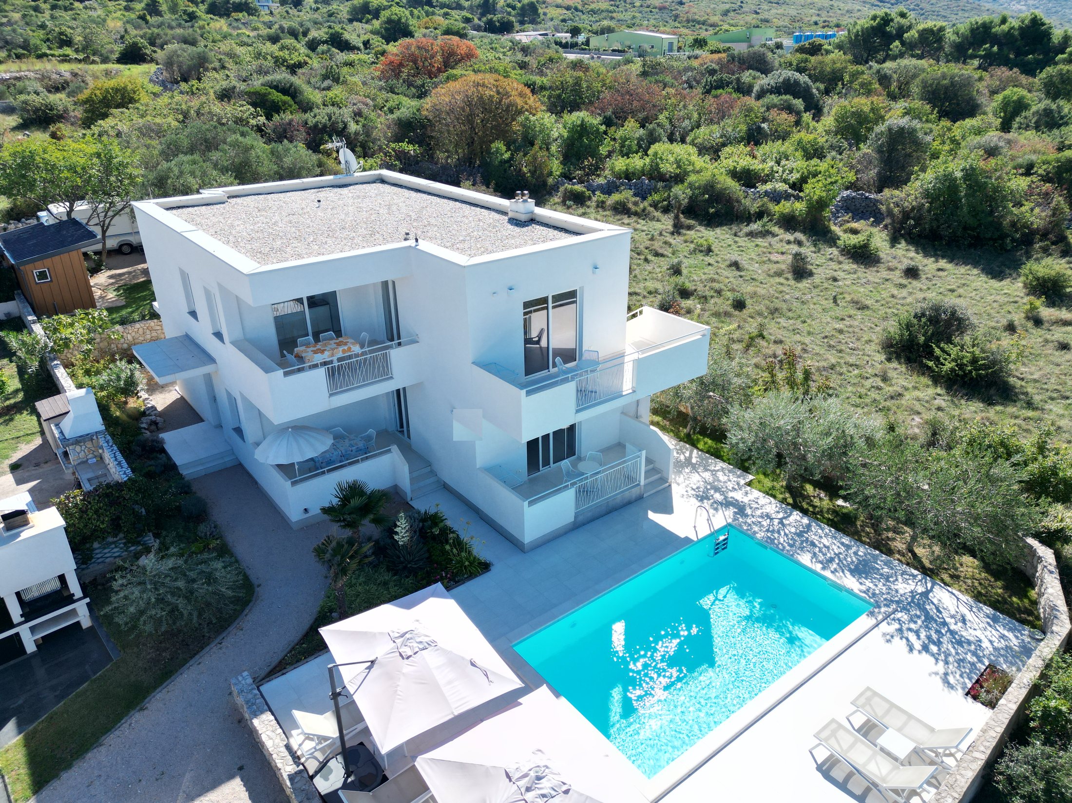 Aerial view of Villa Sonja: the house, pool and grounds