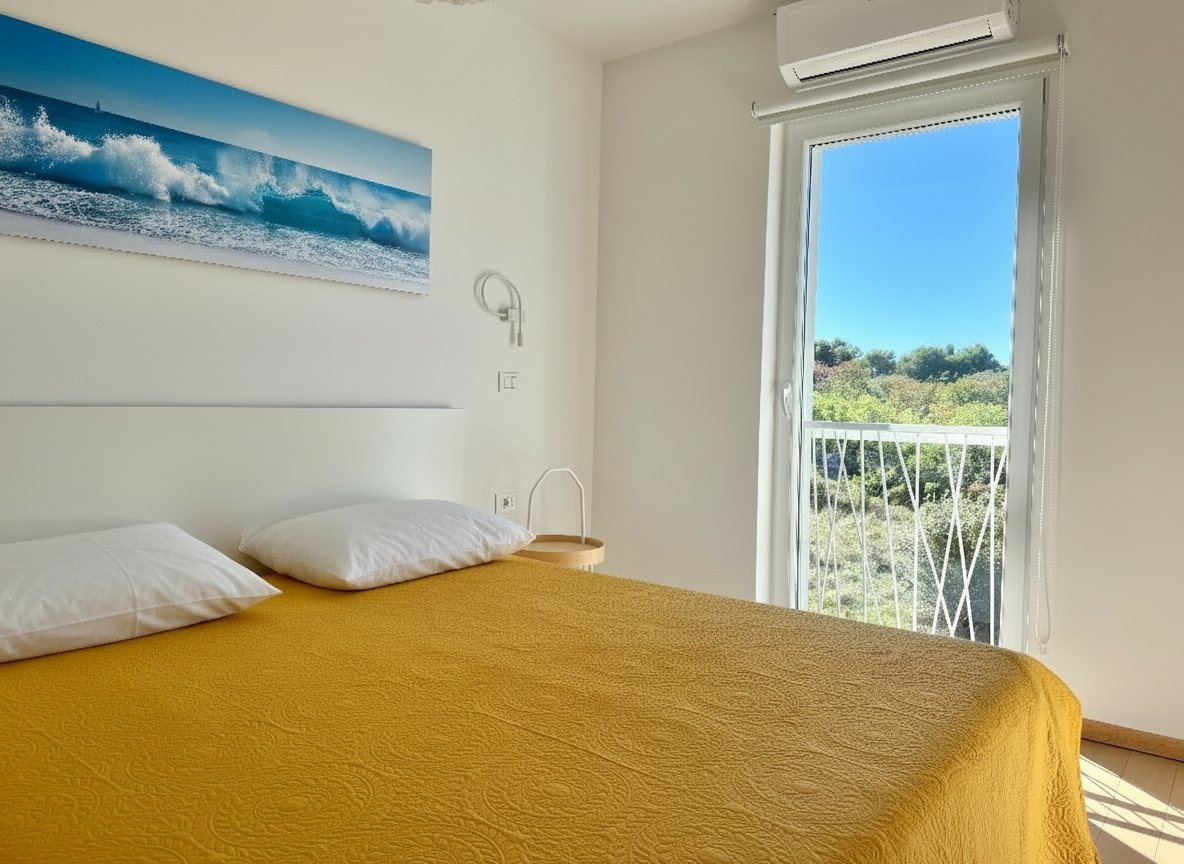 Apartment Yellow bedroom with a double bed